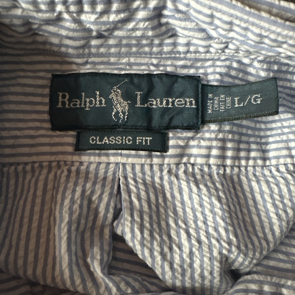 Polo Ralph Lauren Shirt Mens Classic Fit Seersucker Stripe Blue Pink Pony Large - Picture 4 of 6